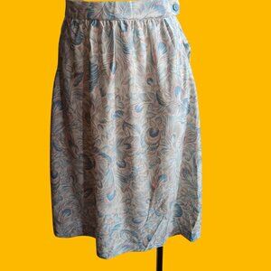 1OF1 27" 27W Vintage Skirt Peacock Feather Print Knee-Length Side Pockets 1970's